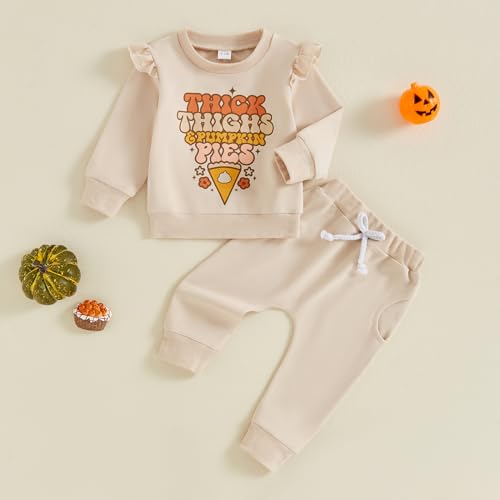 Toddler Girl Halloween Outfits Thick Thighs and Pumpkin Pies Long Sleeve Round Neck Sweatshirt Jogger Pants Set2