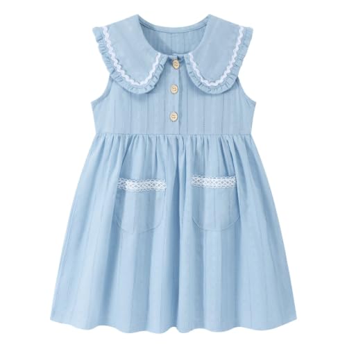 Image of HILEELANG Girls Cotton Dress Sleeveless Peter Pan Collar with Pockets