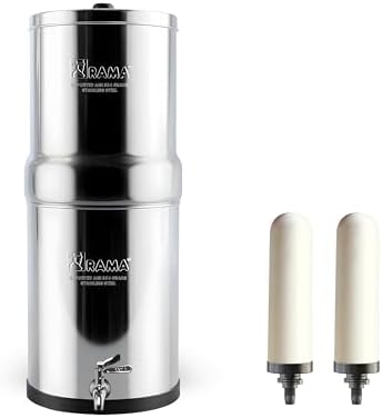 RAMA Gravity Water Filter | 12L Total Capacity (6L Storage) | 304 Stainless Steel Non-Electric Water Purifier Filter for Home | Includes 2 Spirit 7" Ceramic Candles & Steel Tap