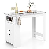 Giantex Bar Table, 47” Counter Height Dining Table with 7 Hanging Hooks, Compartment, Cabinet & Adjustable Shelf, High Top Table, Faux Marble Pub Table for Kitchen Breakfast Nook Small Space, White