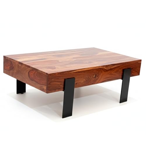 Image of Modern Solid Wood Coffee Table for Living Room | Wooden Center Table with Thick Top | Wooden Leg Cocktail Table | Contemporary Tea Table Furniture for Home, Lounge & Apartment | Light Walnut