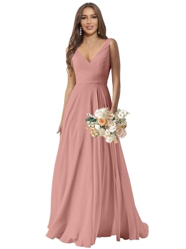 Image of Yilis Long Ruched Chiffon Dusty Pink Bridesmaid Dresses A-line Formal Wedding Party Gowns for Women US2, Dusty Rose