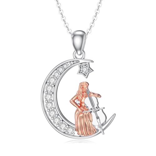 PROESS Cello Halskette 925 Sterlingsilber Mond Cello Anhänger Kette Musikpianist Schmuck für Damen Mädchen Cello-Liebhaber