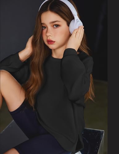 Image of Arshiner Girls Crewneck Sweatshirt Long Sleeve Pullover Tops Drop Shoulder Sweatshirts Side Split | Drop Shoulder Sweatshirt Cute Casual Sweatshirt Fall Winter Sweatshirts