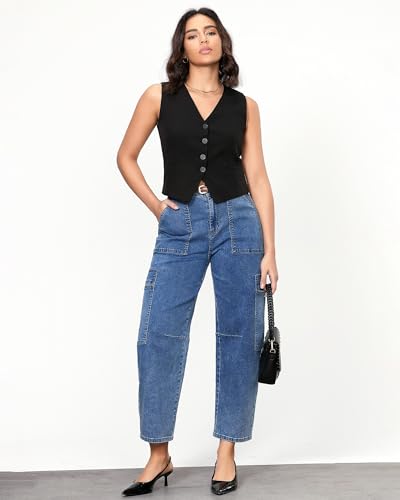 GRAPENT Barrel Jeans for Women Trendy High Waisted Cropped Cargo Pocket Baggy Stretch Denim Pants Wide Leg Tapered Jeans4