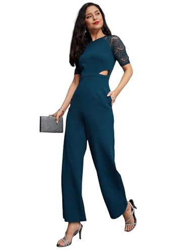 Image of Miss Chase Women's Halter Neck Sleeveless Solid Wide Leg Sequin Paneled Regular Length Jumpsuit