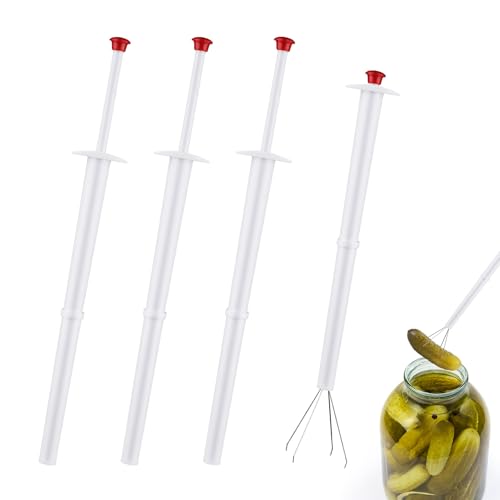 PEUTIER 4pcs Pickle Picker Tool, Pickle Grabber Claw Stainless Steel and Plastic Pickle Pincher Tool for Jar Olive Pepper Pickle Clamp Clip Fork for Small Cucumber Kitchen Food Restaurants Home