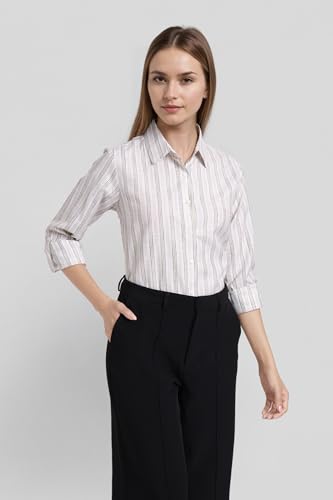 Image of Style Quotient Women Gray and White Cotton Stripe Smart Casual Shirt