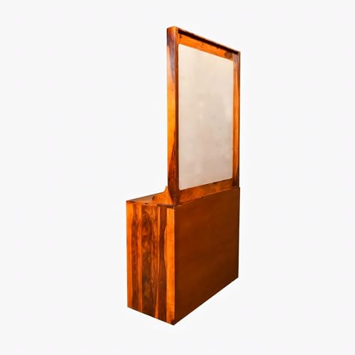 Image of Sheesham Wood Full-Length Dressing Mirror with 2 Drawers & Stool | Honey Finish | Wall-Mount & Free-Standing Decorative Mirror for Bedroom, Hallway & Entryway | Solid Wood Dressing Unit