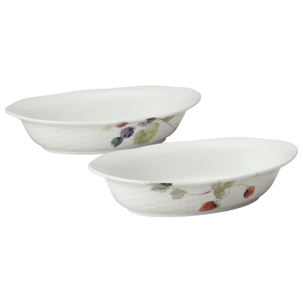 NARUMI Oval Gratin Dish Set, Lucy Garden, 8.7 x 5.5 x 1.8 inches, Berry Pattern, Set of 2, Microwave, Dishwasher, Oven Safe, Made in Japan, Gift Box Included