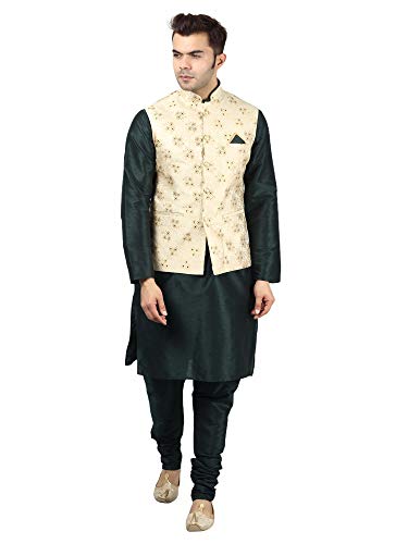 Ethluxis® Men's Silk Blend Kurta Churidar Pyjama with Ethnic Bundi Jacket Set
