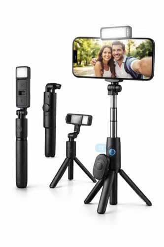 Pau de Selfie com Tripé e Luz LED Bluetooth Bastão Extensível para Celular com Controle Remoto