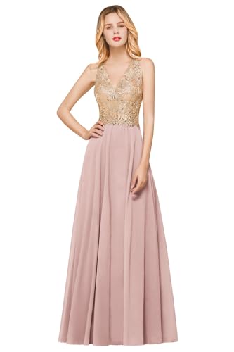 Misshow Cocktailkleid, lang, für Abend, Vintage, Kleid für Hochzeit, Damen, Gast, mit Applikationen, Rosa, 32