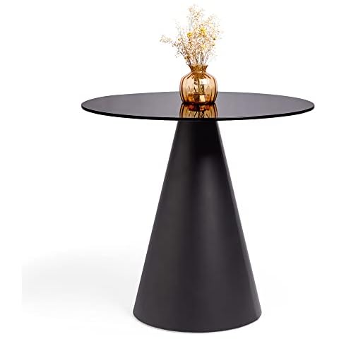 Spinningfield Dining Table - 4 Seater Kitchen Table for Dining Room - Round Glass Top Dinner Table for 4 People - Circular Modern Black Dining Table w/Cone Shaped Base - D80cm x H75cm - Byron Cover