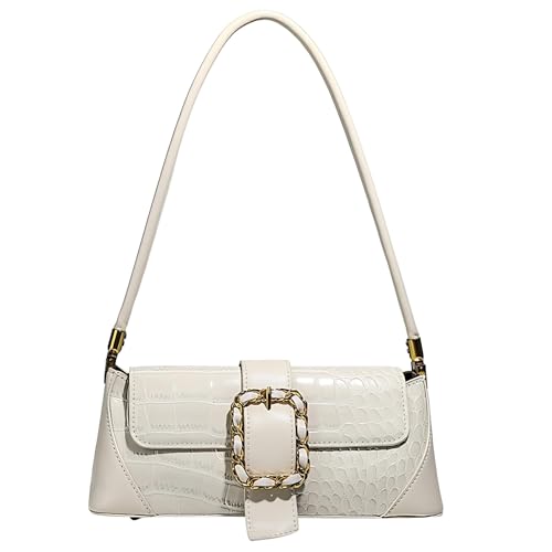 Vintage Buckle Purse for Women Retro Y2K Shoulder Bag Aesthetic Crocodile Print Handbag Top Handle Underarm Bag(white)