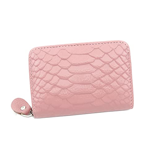 Small Rfid Blocking Full-grain Leather Wallet, Zipper Credit Card Holders, ID Case Organizer Purse (Pink/Embossed crocodile)