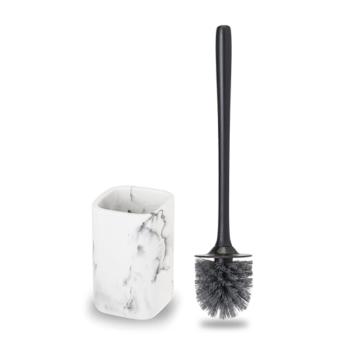 Image of Vigar Zense Toilet Brush and Holder Set, Polyresin Stone, White Marble | Toilet Bowl Brush and Holder, Compact Toilet Cleaner Brush for Bathroom Decor and Toilet Accessories Set