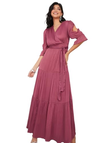 Image of Styli Women Dress V-Neck Party Occasion Slit Sleeves Self Design Tiered Dress | Stylish One Piece Long Dress for Women | Casual, Party