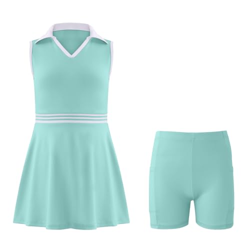 Image of Girls Tennis Dress Golf Outfit Sleeveless Athletic Dresses Polo V Neck Sport Skirt with Pockets 4-13Y