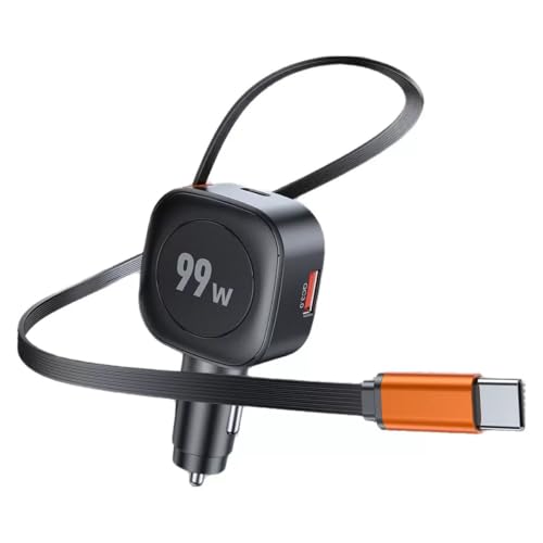 Image of 99W USB C Car Charger with Fast Charging Type-C Cable, 3-in-1 Cigarette Lighter Adapter with Built-In USB-C Cable, PD Fast Charge Multi-Port Auto Charger for 12V-24V Vehicles