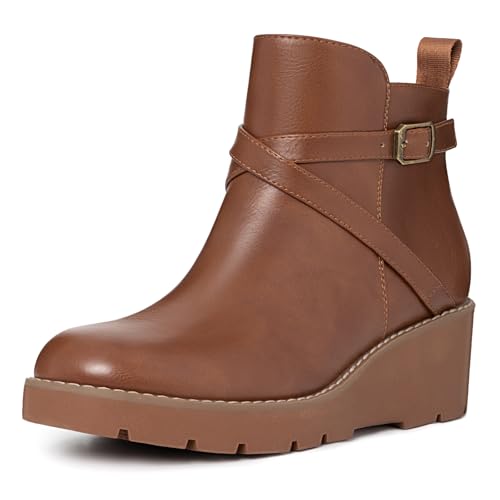 Athlefit Wedge Boots for Women Fashion Platform Lug Sole Leather Buckle Brown Ankle Booties with Side Zipper Size 8.5
