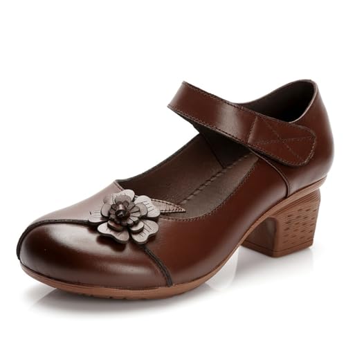 Ephirebra Women's Round Toe Mary Jane Chunky Heels Pumps Comfort Flower Hook and Loop Low Heel Dress Shoes