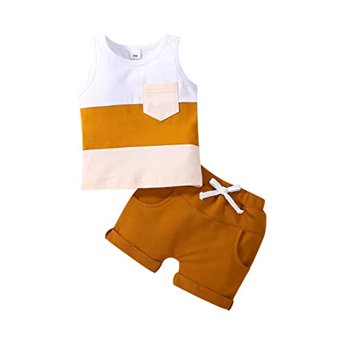 Image of Hoanselay Toddler Infant Baby Boy Summer Shorts Set Sleeveless Striped Tank Tops T Shirt and Solid Shorts Outfit Clothes