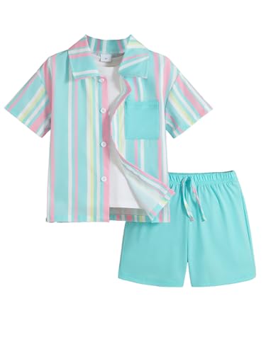 Image of FRCLHWA Boy's 2 Piece Outfit Set Striped Print Polo Shirt and Drawstring Elastic Waist Shorts (Sky Blue Button Down, 2T-3T)