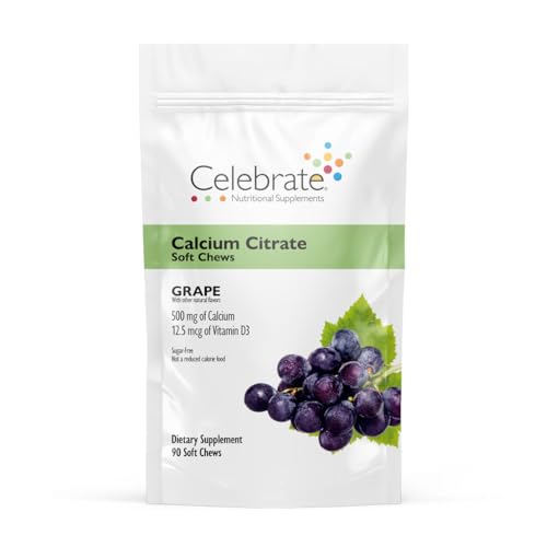 Celebrate Vitamins Bariatric Calcium Chews 500 Mg with Vitamin D3 3 Months Supply (90 Chews) for Gastric Sleeve & Bypass Bone Health Support Sugar & Gluten Free Grape