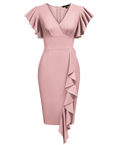 Knitee Women's Deep-V Neck Ruffle Sleeves Cocktail Party Pencil Slit Formal Dress (Pink, X-Large)