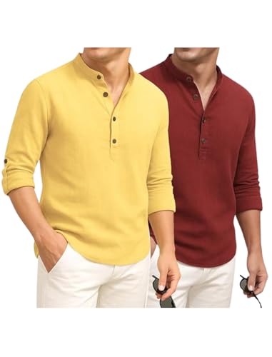 Image of DEEMOON Combo of Men's Cotton Blend Solid Regular Fit Full Sleeve Short Kurta | Men's Trendy Short Kurta Pack of 2 (Available in Plus Size & Combo Packs)