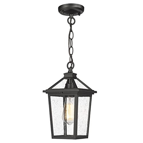 Zeyu Farmhouse Outdoor Ceiling Hanging Light, 12 Inch Industrial Pendant Light Fixture For Front Porch, Die-Cast Aluminum In Black Finish With Seeded Glass, Zx58H Bk #TOP20