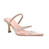 ESSEX GLAM Women's Diamante Slingback Court Shoes Ladies Nude Clear Perspex Mid High Heel Point Toe Bridal Party Prom Size 6