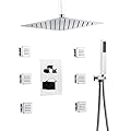 Chrome Ceiling Mounted 12 Inch Rainfall Shower Head 3 Way Thermostatic Shower Faucet with 6 Body Jets Each Function Work All Together and Separately