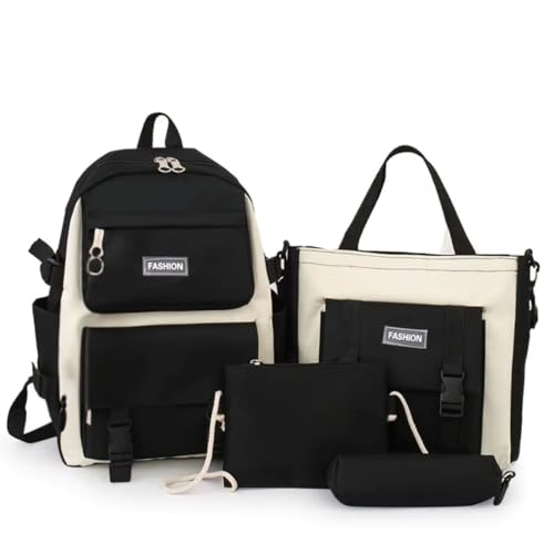 Kit 4 Intens De Escola Mochila Escolar Espaçosa Com Alça De Costa + Estojo Bolsa Tiracolo Bolsa Grande Reforçada Moderna Estilosa Elegante Juvenil Feminina Masculina Faculdade Viagem (Preto)