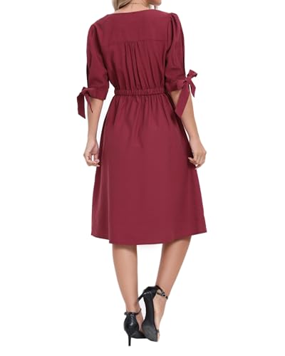 Image of Women Linen Rayon Blend Midi V Neck Button Front Elastic Waist Puff Sleeve Tie Casual Summer Dress