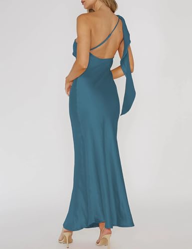 Image of 2026 Satin One Shoulder Maxi Dress for Women Summer Silk Formal Elegant Backless Ruffle Sleeveless Wedding Guest Dresses