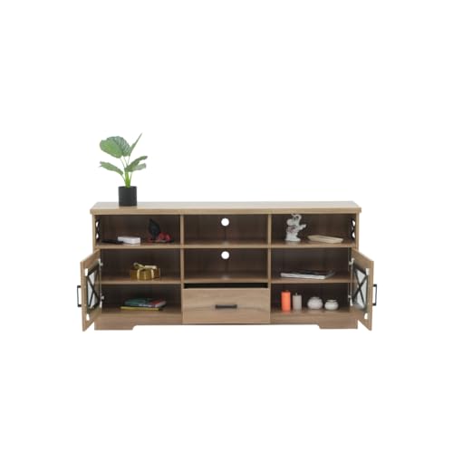 Image of Royaloak Miami American LCD Stand | Wooden TV Cabinet with Melamine Finish | Glass Panel Doors with X-Design | TV Unit for Living Room with Drawer Storage | Elevated Viewing with Telescopic Channels