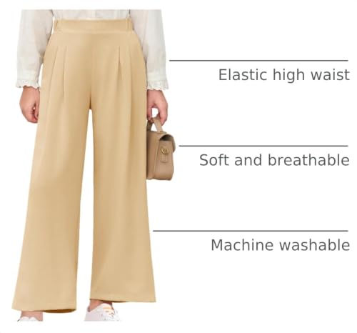 Image of Haloumoning Girls Uniform Pants Kids Wide Leg Dress Pants 5-14 Years | High Waisted, Casual Trousers, With Pockets