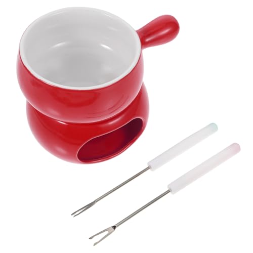 CONGARTENO Fondue con Base Roja y Mango para Derretir Chocolate Queso y Mantequilla Incluye Dos Tenedores para Fondue Casera y Postres con Chocolate o Queso Fundido