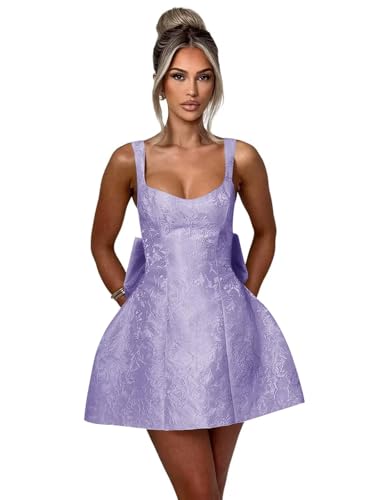 Image of Short Tight Homecoming Dresses for Teens V Neck Lavender Satin A Line Sleeveless Lace Up Mini Juniors Cocktail Party Prom Gowns with Bow 2025 US4