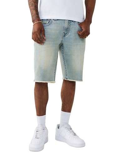 True Religion Mens Ricky Frayed Hem Denim Short Relaxed Fit Zip Fly Horseshoe Detailing Pollen Bleach Light Wash 32