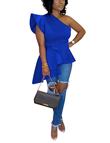 Remelon Ruffle Peplum Tops for Women Sleeveless Slim Fit Casual Shirt Blouse Blue