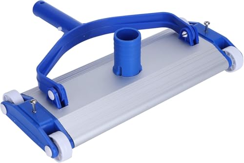 SIQUA Limpiafondos de Aluminio Premium para Piscinas con Cuatro Ruedas y Cepillo de Arrastre.Conexión a Manguera de aspiración de Ø38 mm.Longitud 30 cm. Cepillo de Nylon. Fijación Palomilla.