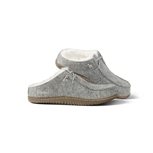 Fellhof Ciabatte in pelliccia di agnello UNIKO, suola rimovibile e lacci, pantofole antiscivolo in vera pelliccia di agnello per uomo e donna, taglia 36-46, Feltro Grigio Melange, 40 EU