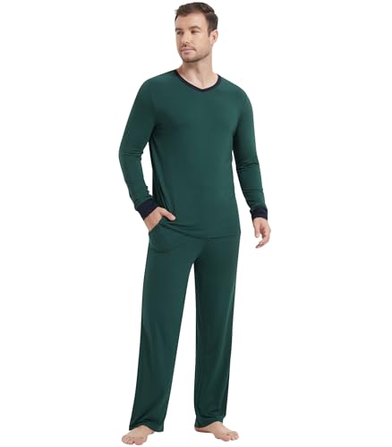Image of NACHILA Pajamas for Men-Viscose Made from Bamboo, Long Sleeve Pajamas Set Comfy Sleepwear Pants Soft V Neck Pjs with Pockets
