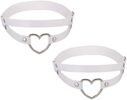 FM FM42 White PU Simulated Leather Women's Gothic Double Straps Heart O Ring Leg Thigh Elastic Garter Belt, One Pair