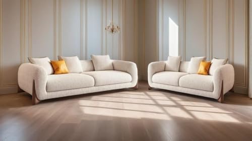 Image of 5 Seater Sofa Set Modern Classic Chesterfield Style Sofa Set with Pillows for Living Room, Bedroom and Office and Hallway Colour Colour (3+2=5 Seater Sofa Boucle)