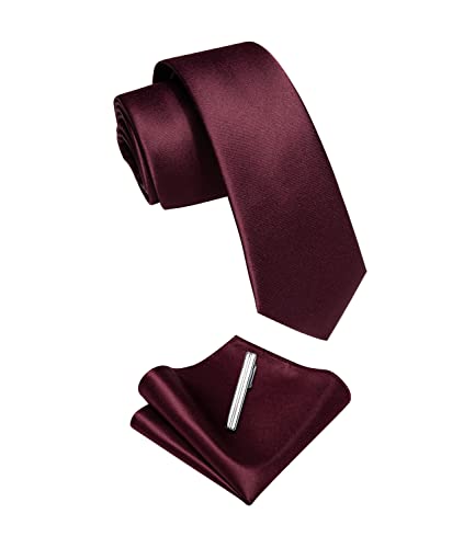 Image of YourTies Skinny Ties for Men Satin 2.4 inch Slim Necktie with Pocket Square Tie Clip Set Solid Color Wedding Party Business