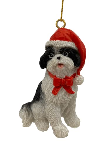 Dog Figurine Christmas Ornaments With Santa Hats (Blk/Wh Shih Tzu) #TOP23